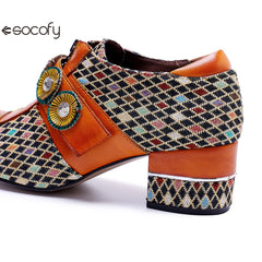 Socofy Genuine leather vintage plaid three-dimensional flowers pumps