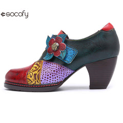 Socofy retro printing splicing ethnic style high heels women's shoes