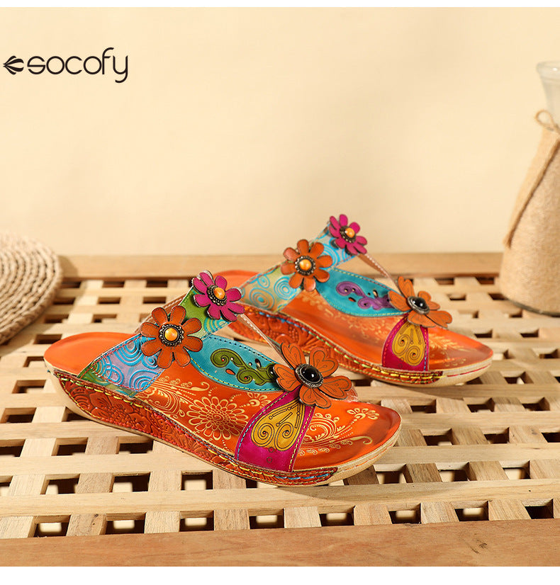 Socofy Vicconfy Loose Round Toe Handmade Cubic Flower Ethnic Flat Sandals