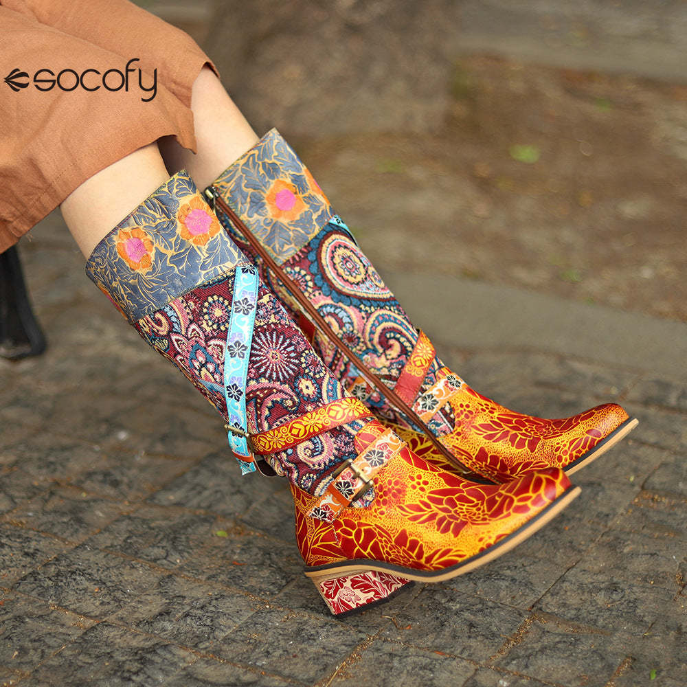 Socofy Leather Vintage Print Chunky Heel Knee Women's Boots