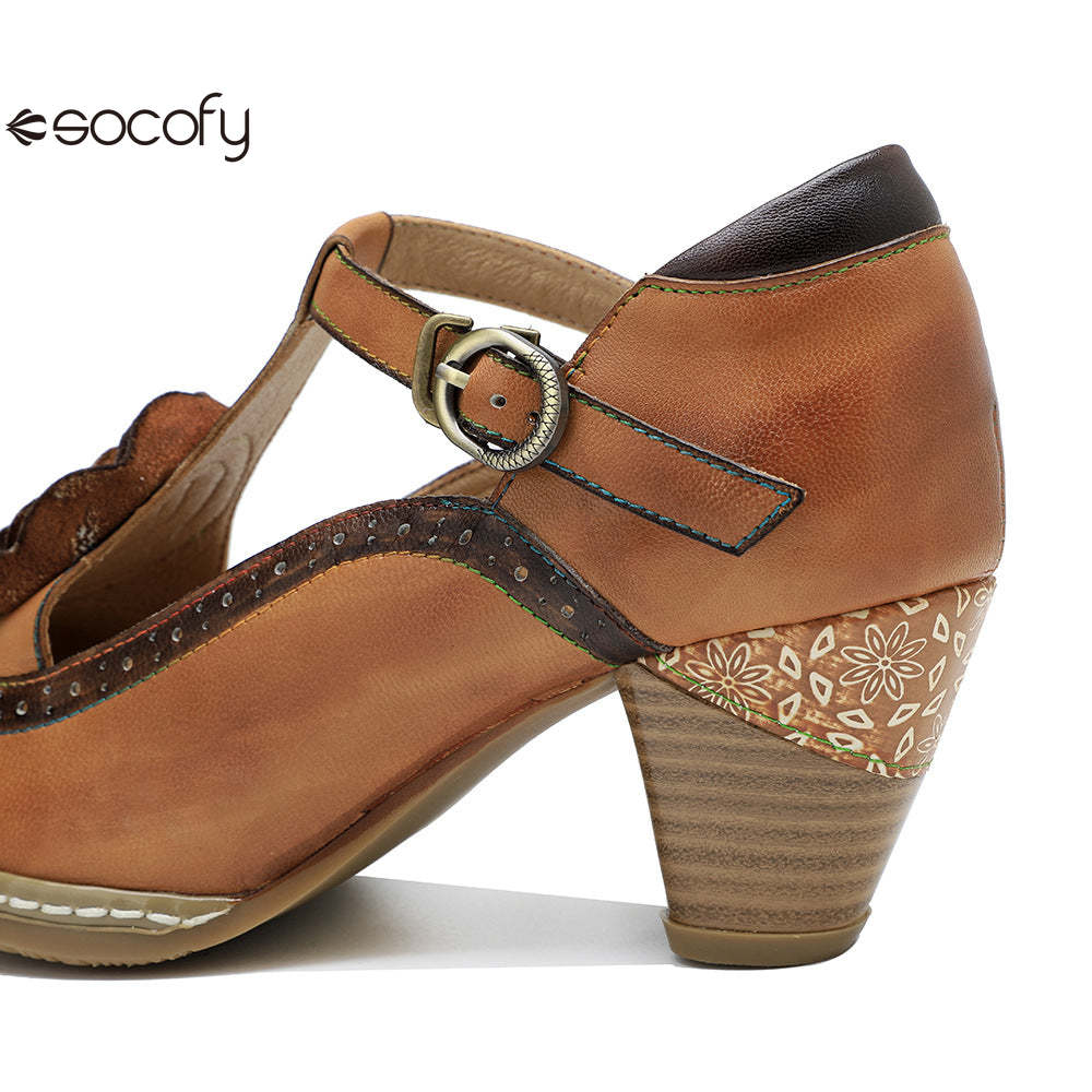 Socofy spring genuine leather retro Mary Jane high-heeled shoes