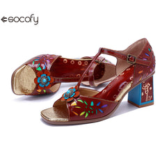 Socofy Vicconfy Women's Leather Handmade Color Rubbed Hollow Flower Square Heel High Heeled Sandals