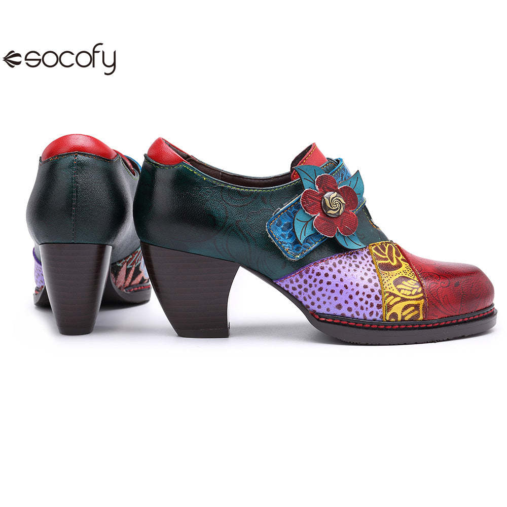 Socofy retro printing splicing ethnic style high heels women's shoes