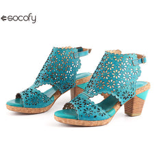 Socofy Vicconfy Open Toe Slingback Vintage Hollow Chunky Sandals