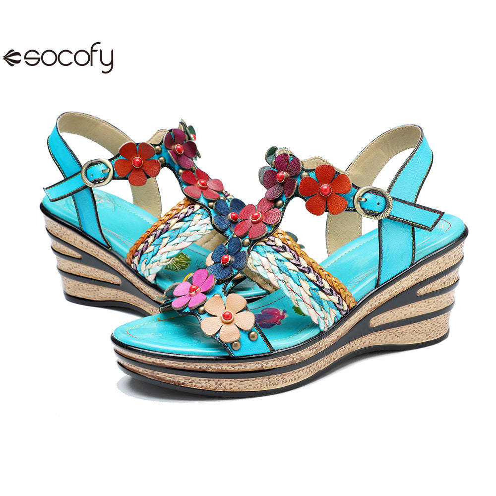 Socofy summer genuine leather bohemian style comfortable wedge sandals for women