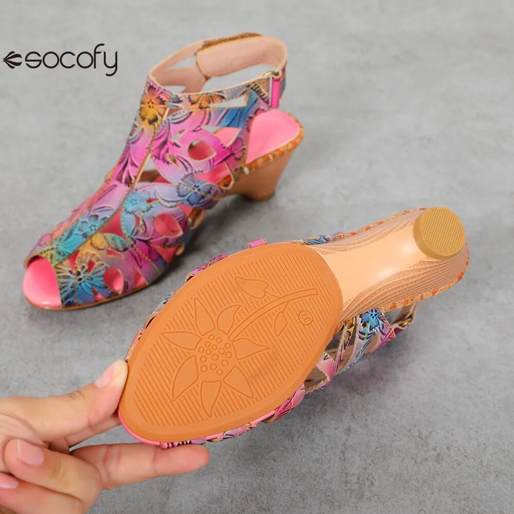 Socofy Colour Retro Genuine Leather Handmade Fashion Concise Ladies Hollow Mid-heeled Sandals