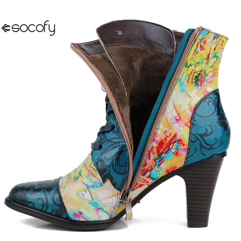 Socofy Vincconfy cowhide low-top thick-soled round-toe viscose women's boots