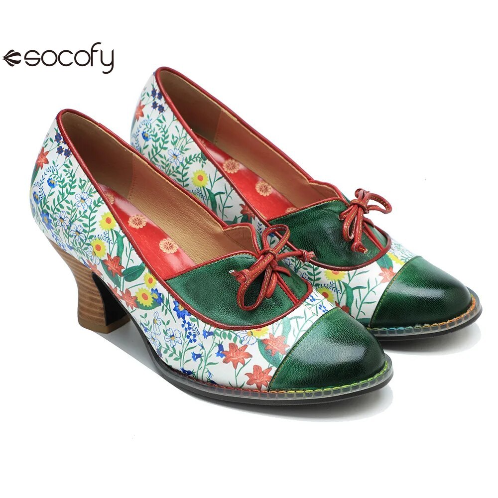 Socofy Vintage Printed Genuine Leather Block Mid Heel Ankle Hook Loop Pumps