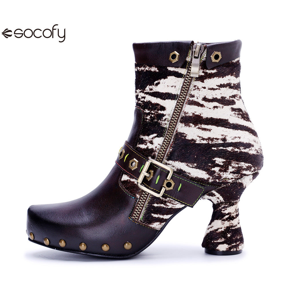 Socofy Vicconfy Retro Handmade Zebra Pattern Buckle Ankle Boots