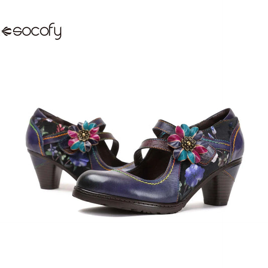 Socofy Vicconfy Colorful Stitching Painted Flower Spring Hook Loop Genuine Leather Spike Heels Round Toe Women Pumps 1920