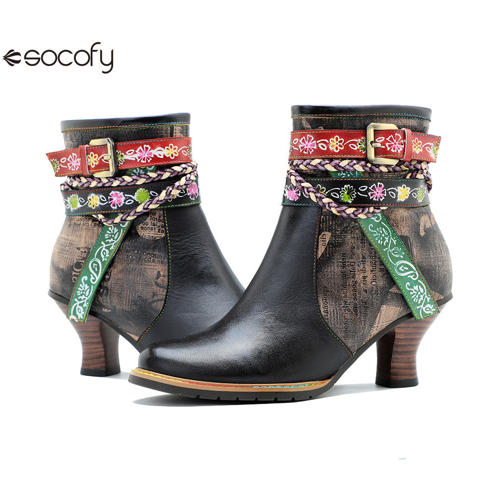 Socofy Vicconfy Genuine Leather Vintage Braided Belt Buckle Boots