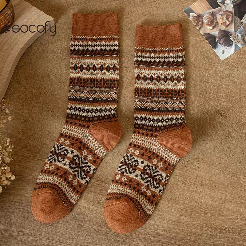 Socofy Vicconfy Mid-calf Socks Vintage Ethnic Striped Cotton Socks