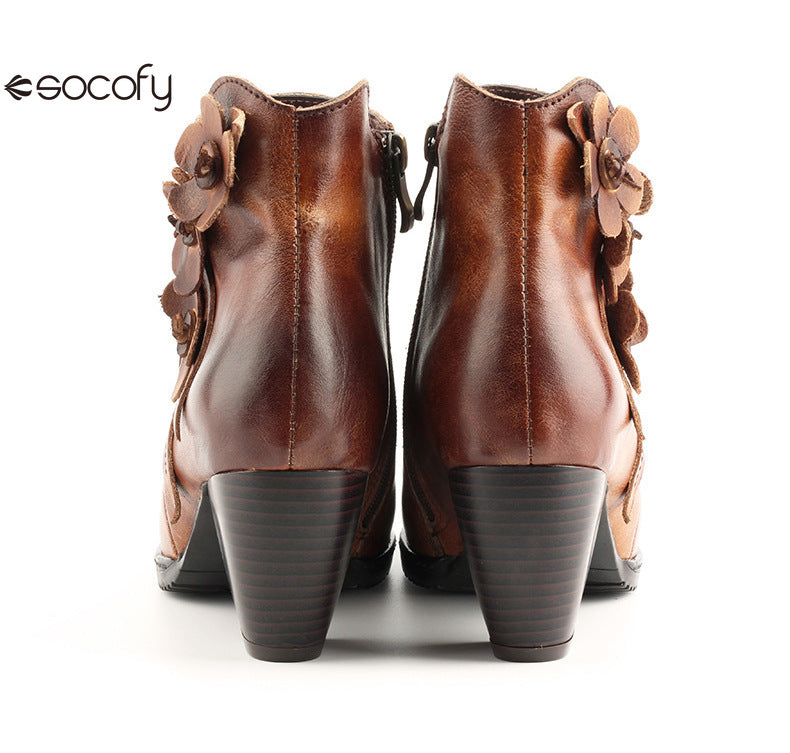 Socofy Genuine Leather Handmade Square Toe Vintage Handmade Flower Boots Woman