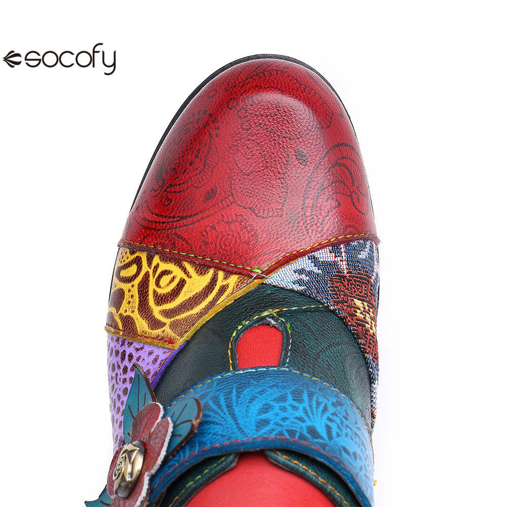 Socofy retro printing splicing ethnic style high heels women's shoes