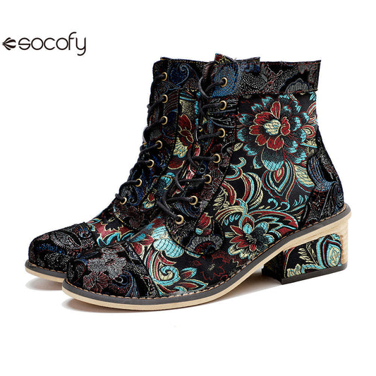 Socofy Vicconfy Vintage Printed Embroidered Casual Women's Boots 1000