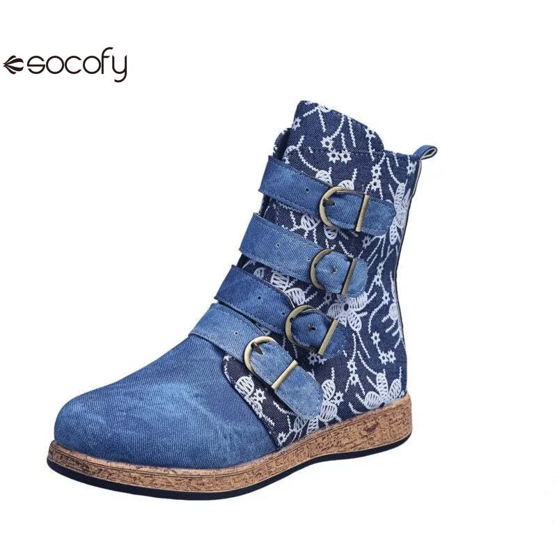 Socofy Women boots Leather Female Retro Printed Metal Buckle Soft Leather Zipper Ankle Boots