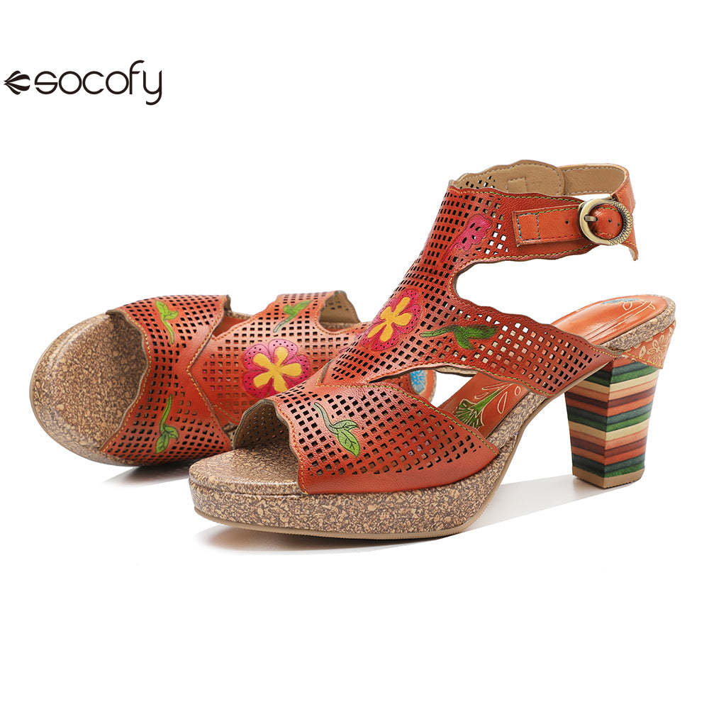 Socofy new retro genuine leather hollow color layer leather high heel sandals