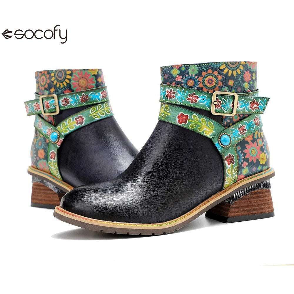 SOCOFY Belt Buckle ZIP Genuine leather Flower Splicing British Style Ankle Boots