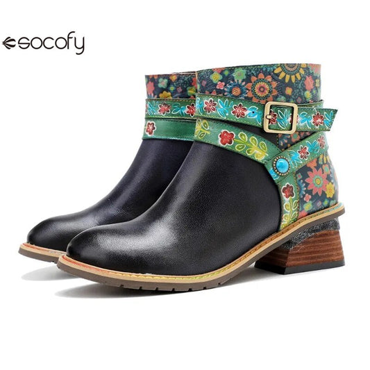 SOCOFY Belt Buckle ZIP Genuine leather Flower Splicing British Style Ankle Boots 800