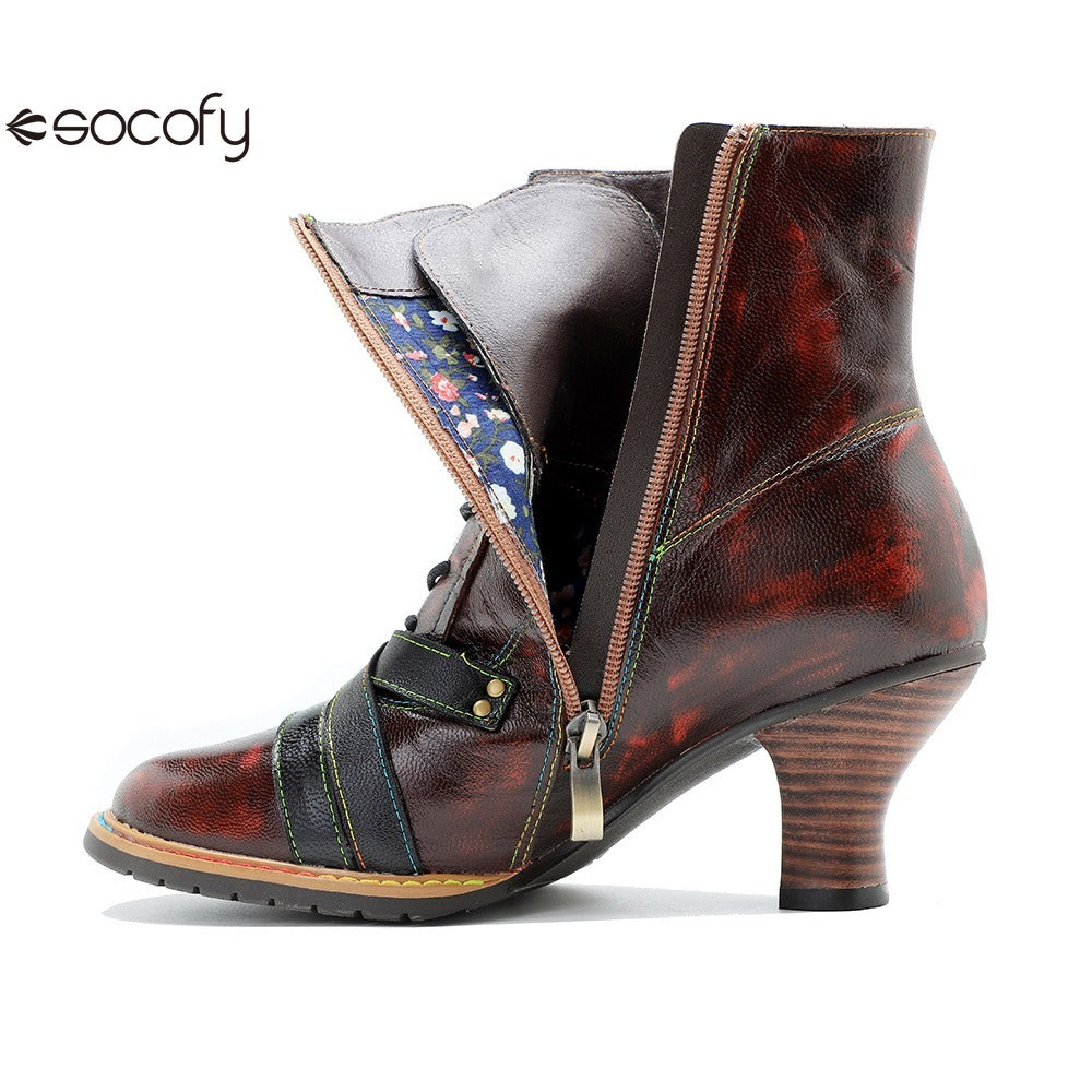 Socofy Leather Vintage Boots High Heeled Boots