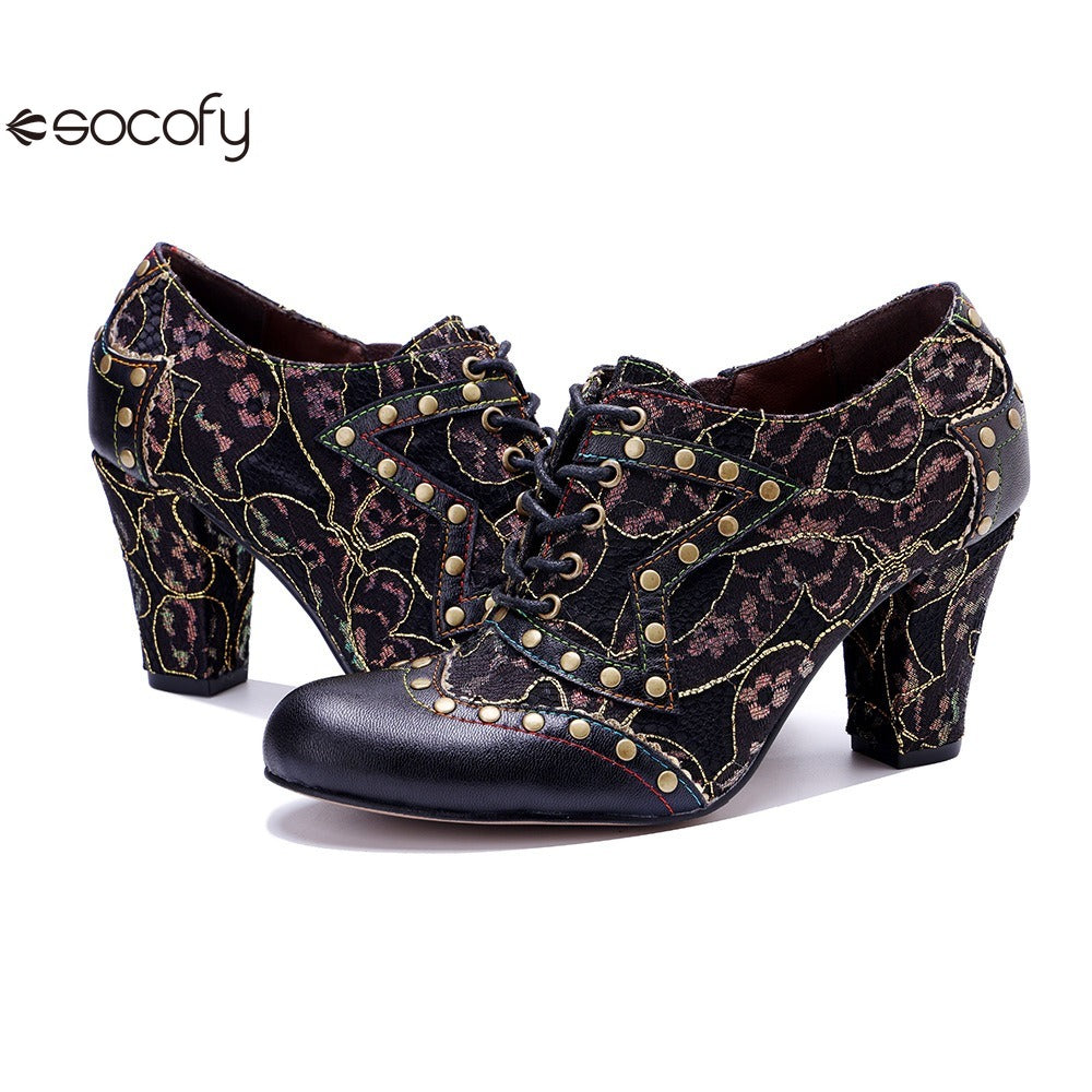 Socofy genuine leather Women's Leather Rivet Retro Fashion High Heeled Shoes