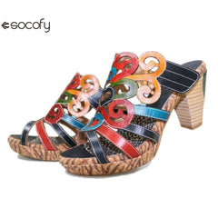 Socofy summer ethnic style leather women's shoes high heels handmade slippers