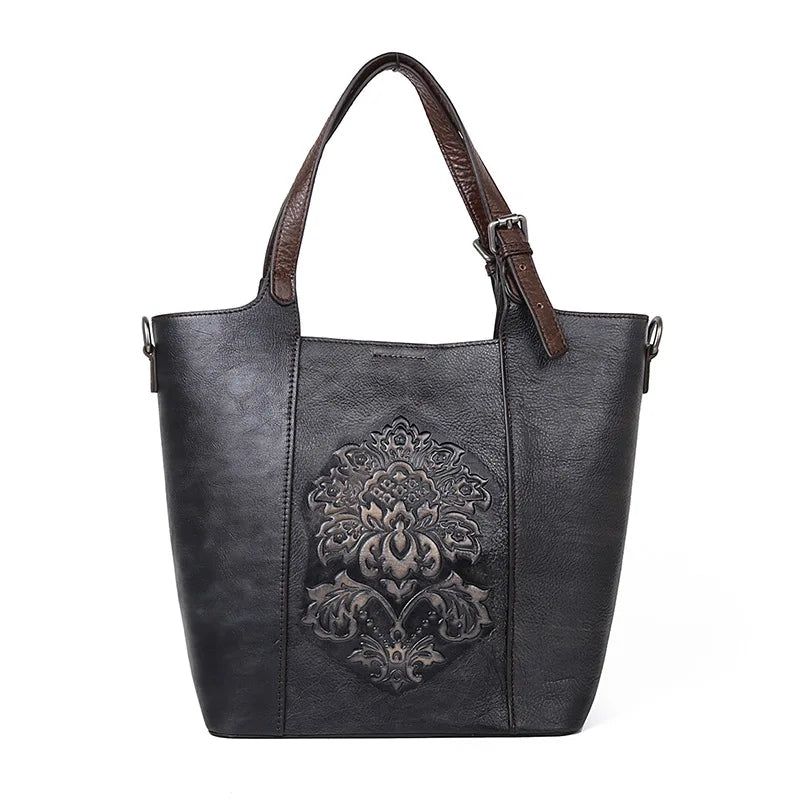 Socofy Vintage Style Luxury Handbags Genuine Cowhide Handmade Embossing Women's Shoulder Bags