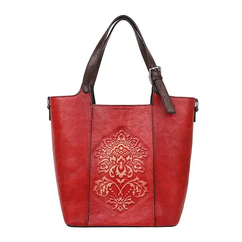 Socofy Vintage Style Luxury Handbags Genuine Cowhide Handmade Embossing Women's Shoulder Bags