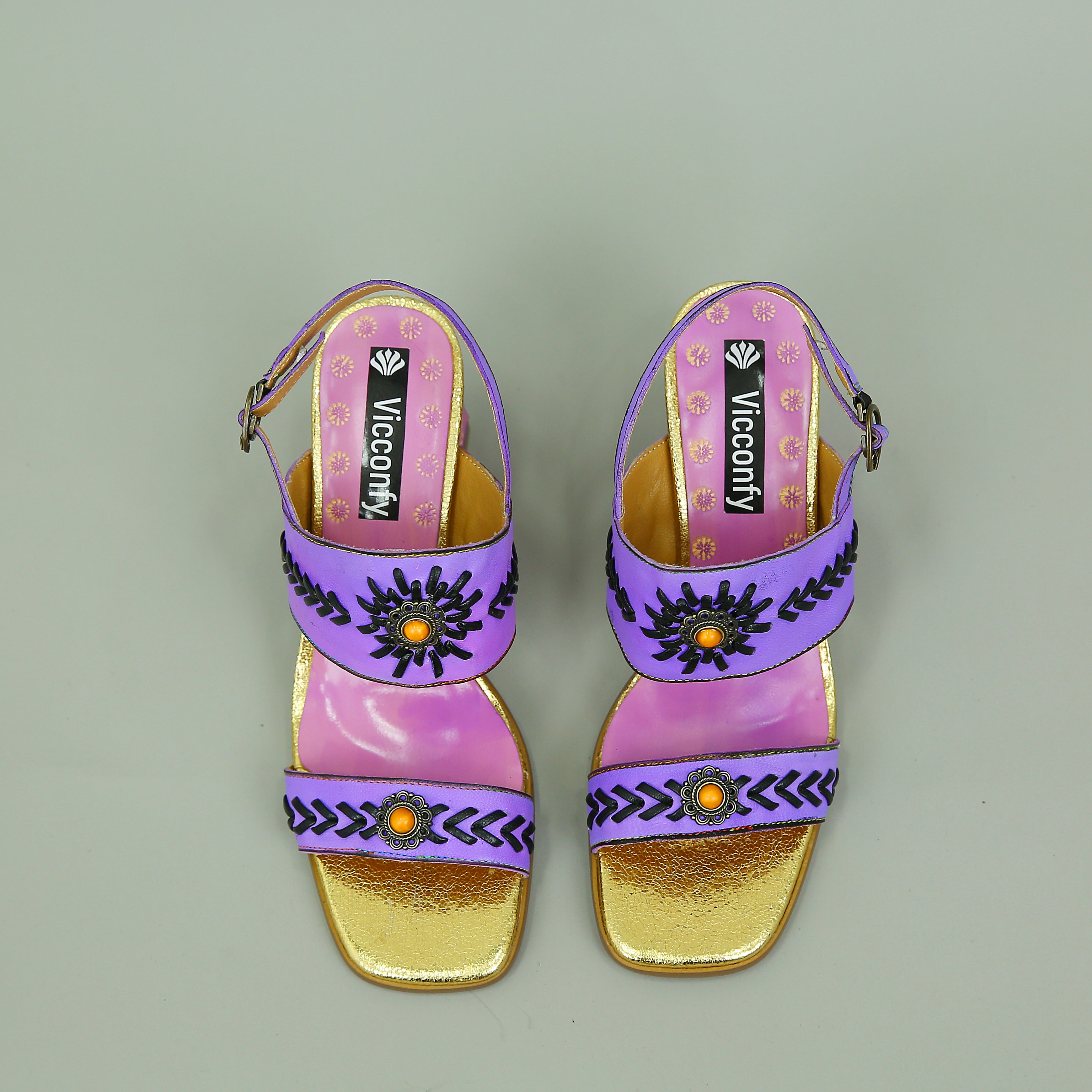 Vicconfy Purple Turquoise Embellished Ethnic Style Women's High Heeled Sandals