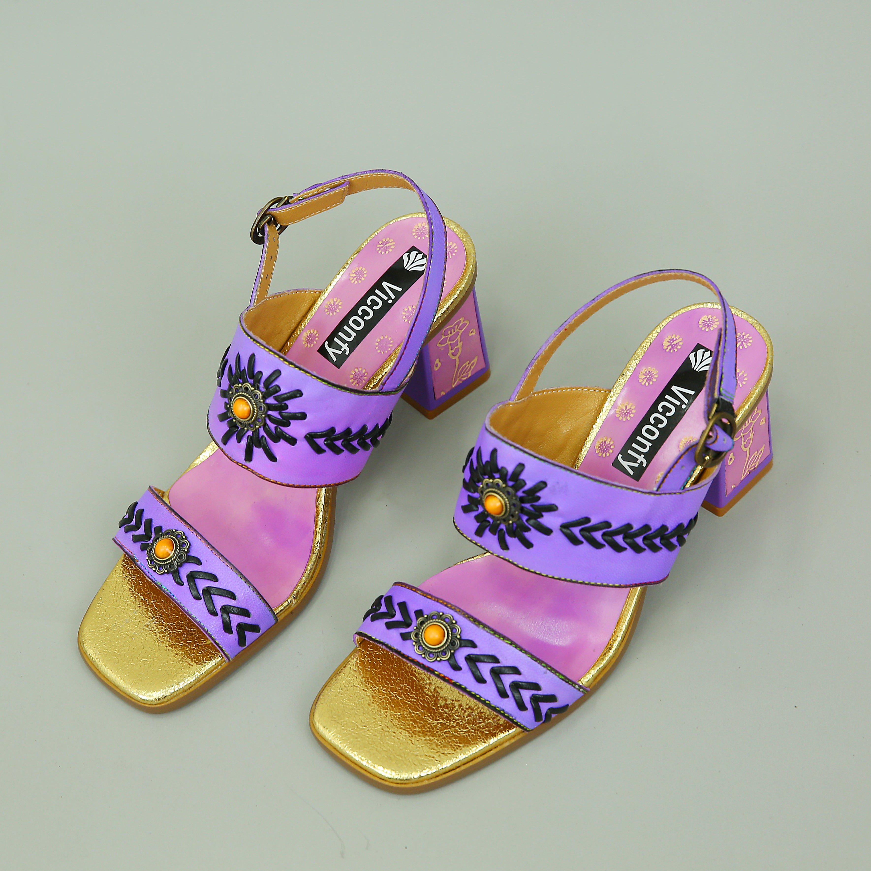 Vicconfy Purple Turquoise Embellished Ethnic Style Women's High Heeled Sandals