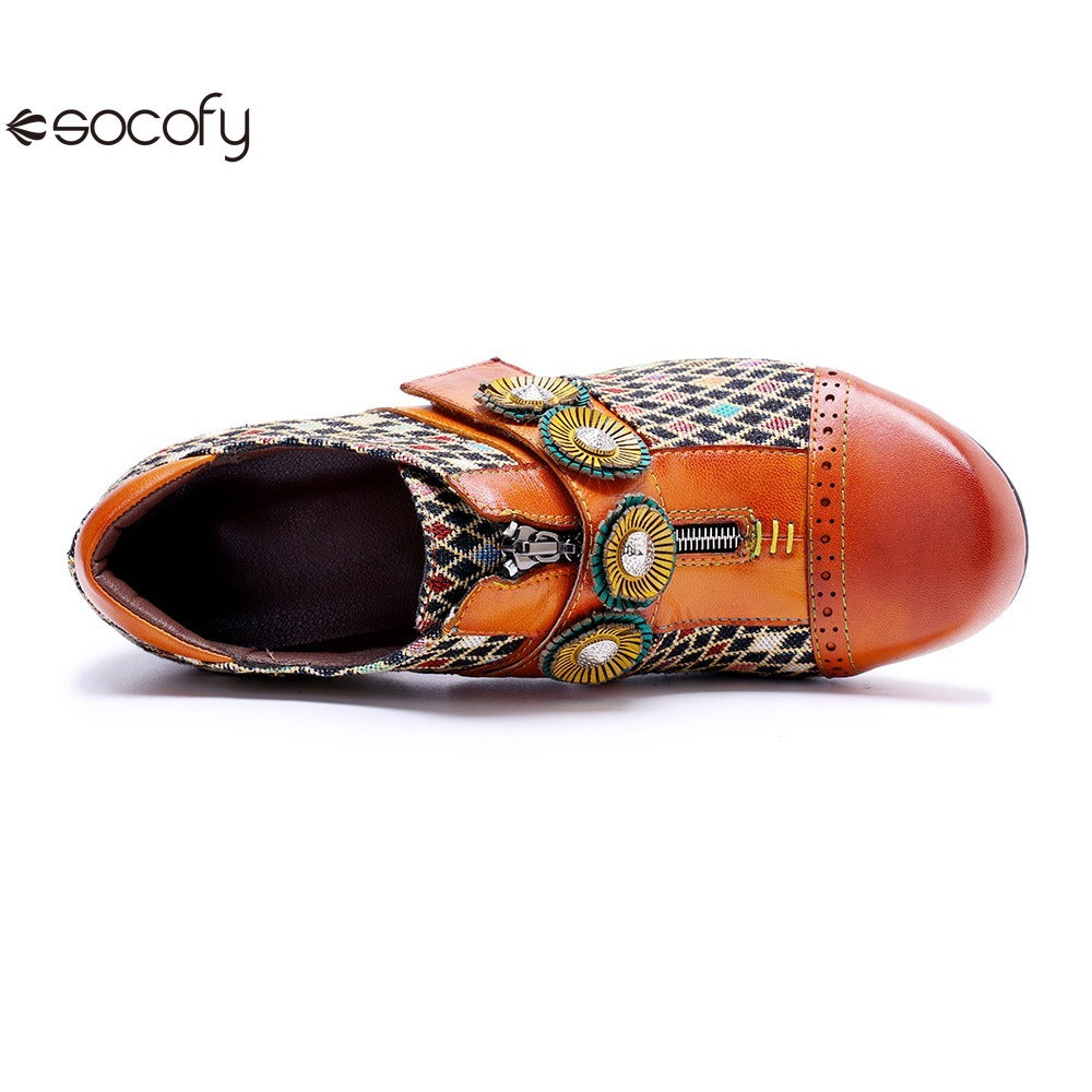 Socofy Genuine leather vintage plaid three-dimensional flowers pumps