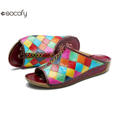 Socofy new summer style genuine leather retro plaid comfortable flat women's slippers