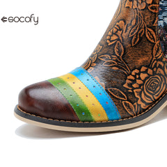 Socofy Vicconfy Genuine Leather Floral Vintage Casual Comfort Ankle Boots