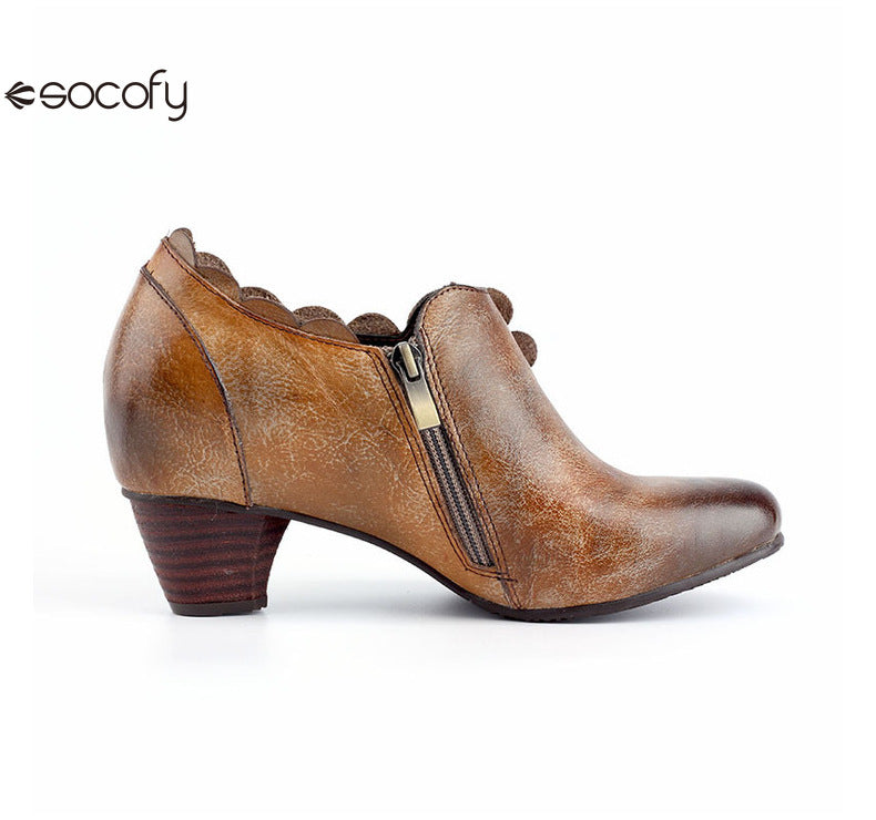 Socofy Genuine Leather Handmade Vintage Fashion Side Zipper High Heels Women's Shoes