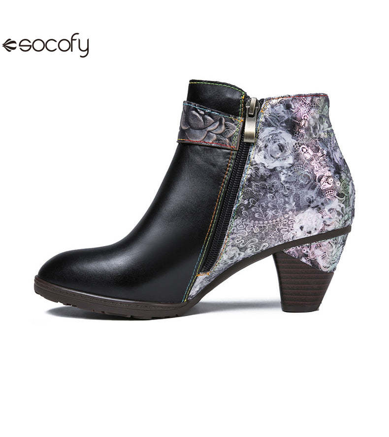 Socofy Vicconfy Vintage Cowhide Leather Boots Fashion Boots Mid Heel Women's Shoes