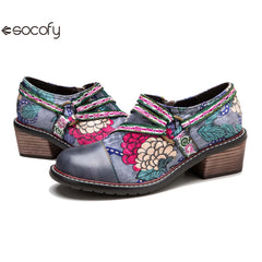 Socofy Leather Patchwork Vintage Graffiti Oxfords Brogues