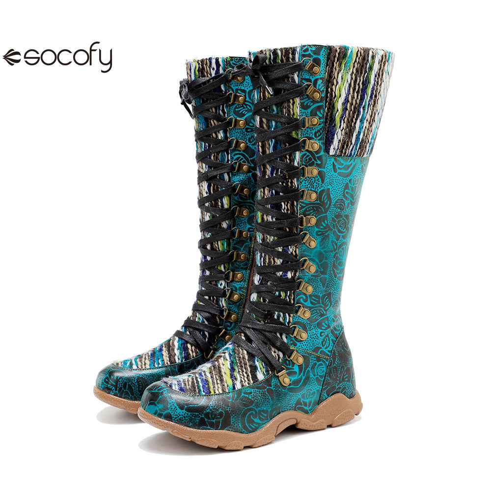 Socofy Genuine Leather Vintage Printed Wool Lace Up Comfortable Flat High Boots