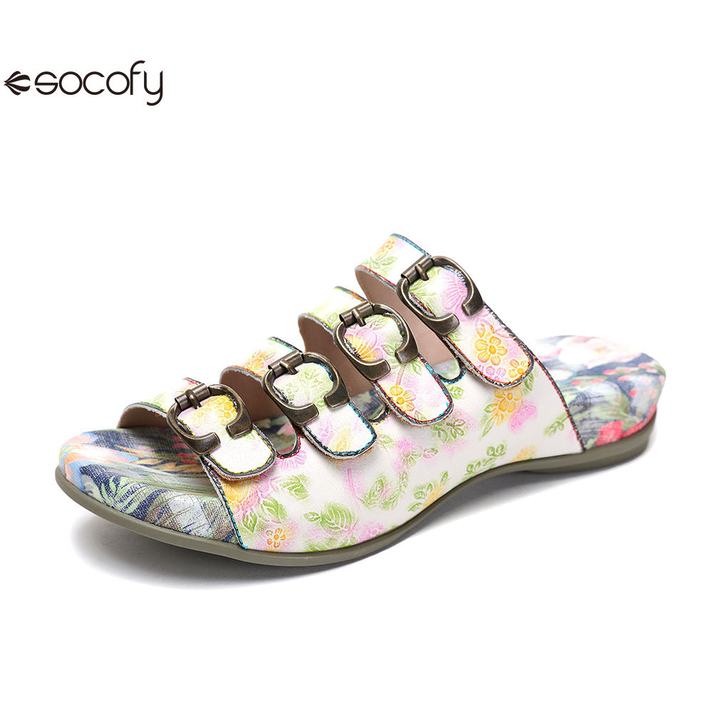 Socofy Vicconfy Summer Floral Leather Slippers