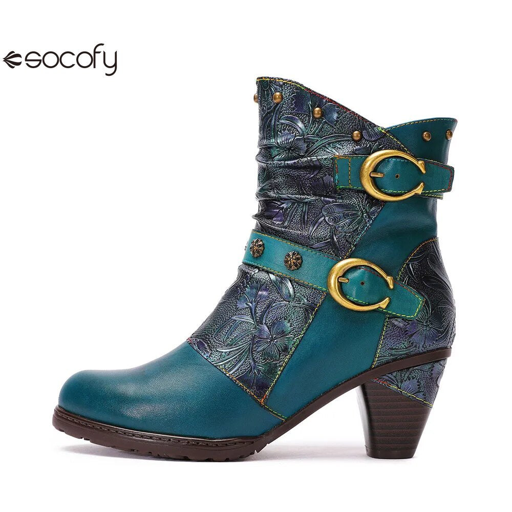 SOCOFY  Genuine Leather Retro Handmade Embossed Fashion Zip Winter Short Boots