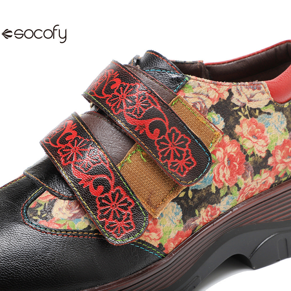 Socofy Vicconfy Genuine Leather Retro Printed Comfort Loafers