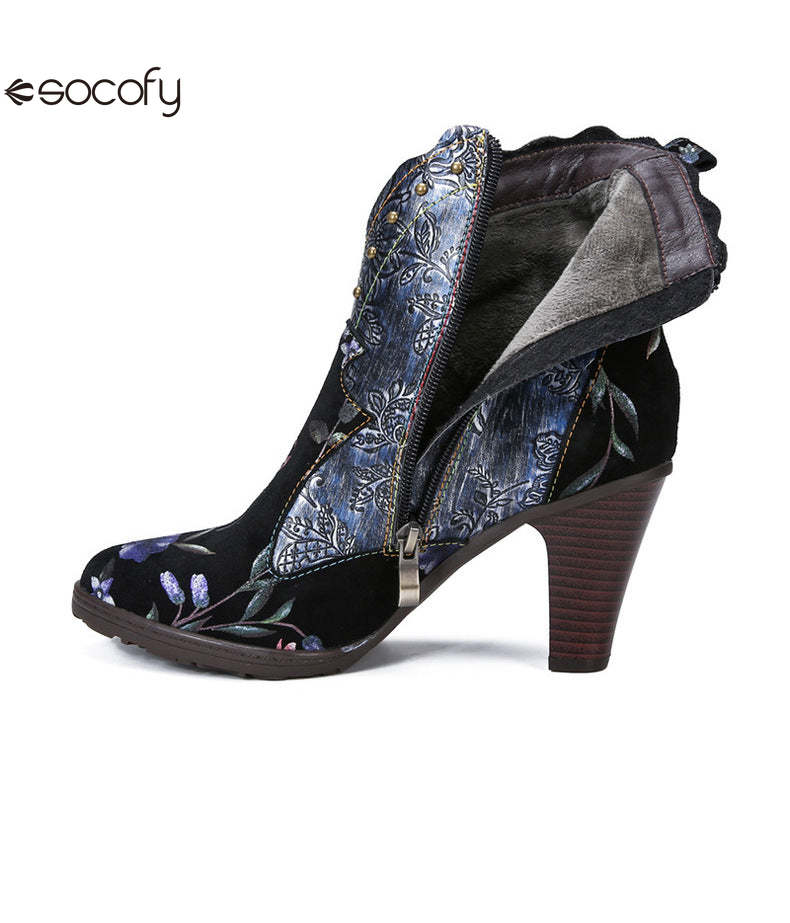 Socofy Vicconfy Vintage Genuine Leather Boots Floral Women's Boots