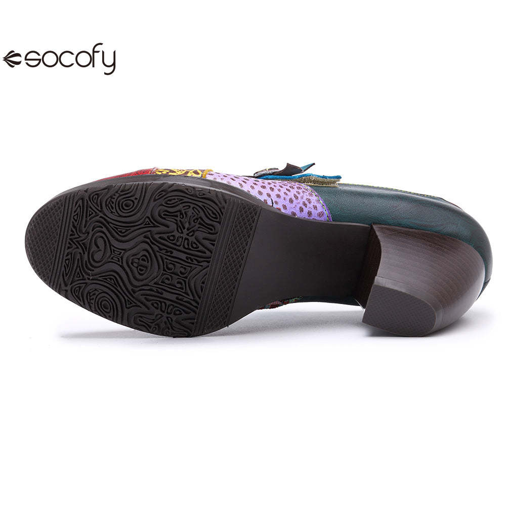 Socofy retro printing splicing ethnic style high heels women's shoes