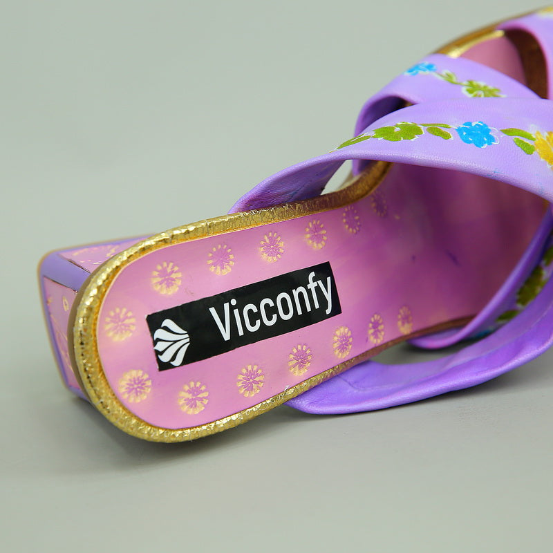 Vicconfy Elegant Purple Floral High Heel square root Women's Flat Slippers