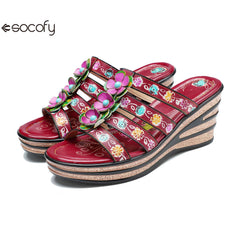 Socofy Summer Leather Vintage Flower Slope Heel Sandals Slippers