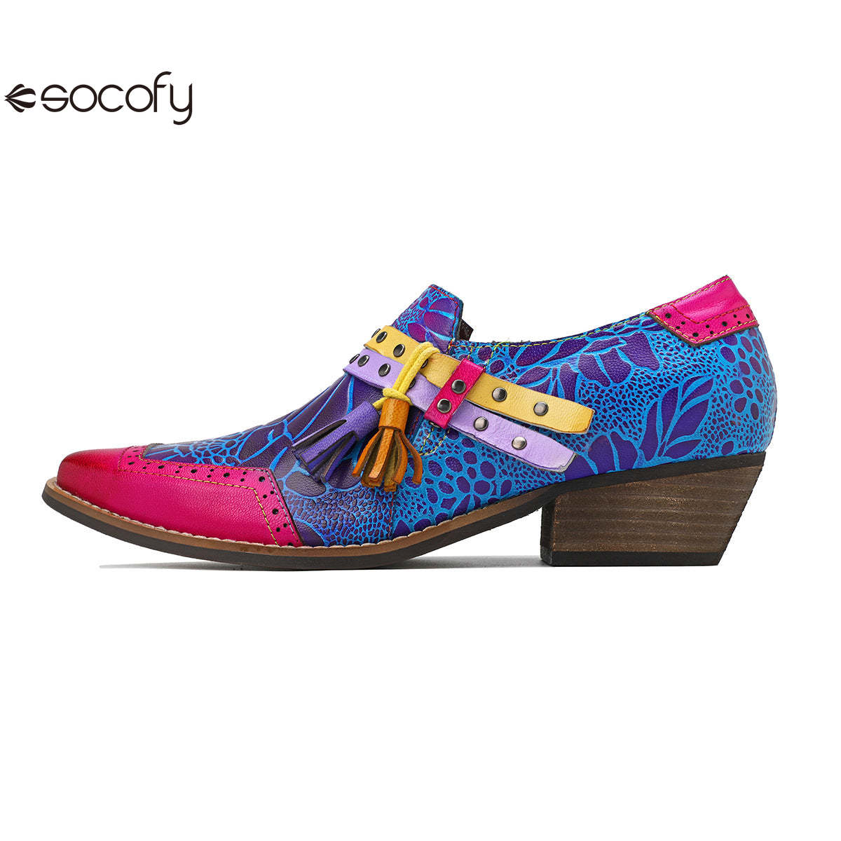 Socofy Leather Vintage Cowboy Style Women's Shallow Mouth Single Shoes