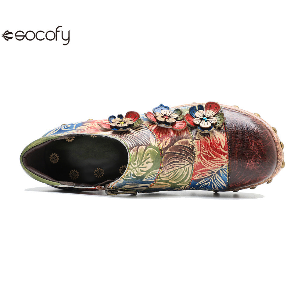 Socofy Genuine Leather Vintage Floral Dimensional Flower Comfortable Pumps