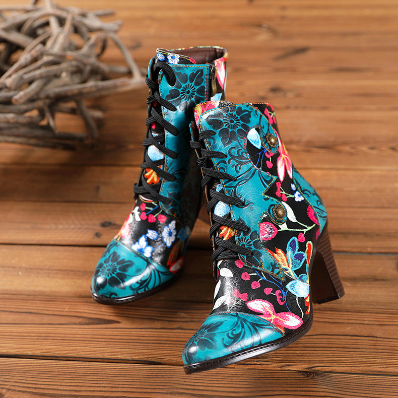 Socofy Vicconfy Ethnic Cowhide Handmade Vintage Flower High Heel Women's Boots