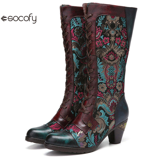 Socofy Autumn and winter women's high-heeled warm and wear-resistant high round toe boots for women 1000