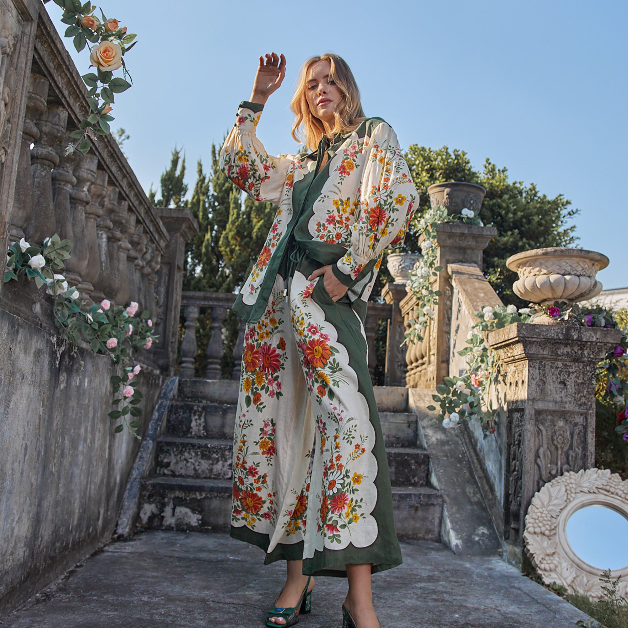 Linen positioned floral H-line long sleeve shirt Vacation long pants suit