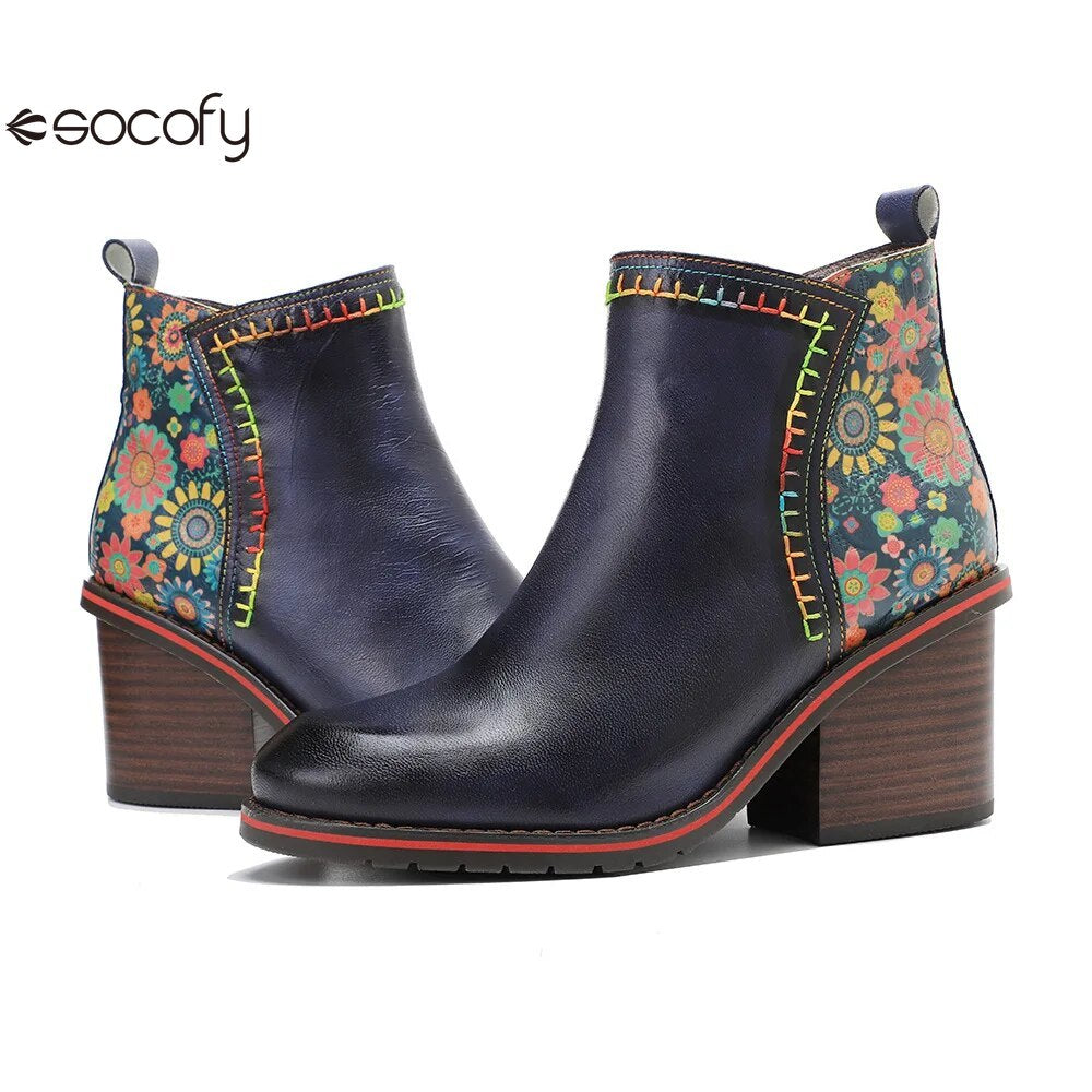 SOCOFY Genuine Leather Winter New Round Toe Patchwork Handmade Ankle Boots